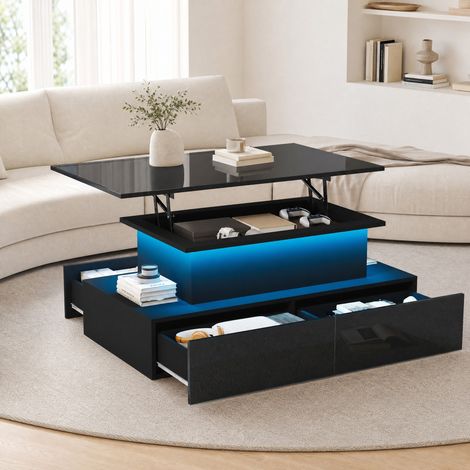 Tavolino LED nero lucido 90 x 55 x 54 cm con 4 cassetti e vano contenitore, 30 kg DESVIAE (1/5)