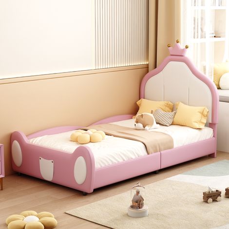 Kinderbett 90/200 cm rosa/weiß aus Kunstleder mit Kronenkopfteil (1/5)
