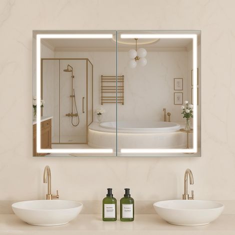 Armoire Murale Salle de Bain 60x80 cm, Armoire de Toilette avec Miroir HD et LED 3 Couleurs à Intensité Variable, avec Fonction Mémoire, Étagère de Rangement Réglable, Prises et Ports USB (1/5)