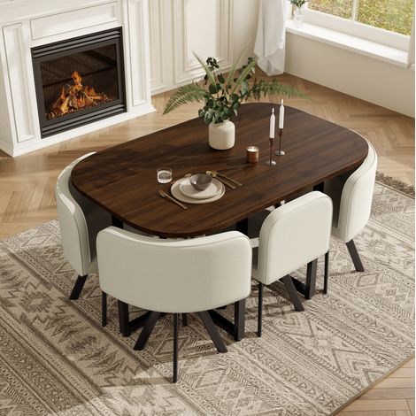 Set da pranzo per 6 persone 140x90x73 cm, tavolo con 6 sedie, lino, beige e noce (1/5)