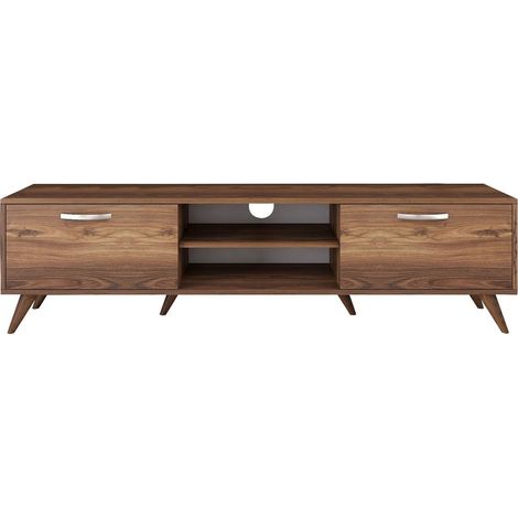 Mueble TV, 2 puertas abatibles, 2 nichos abiertos en el medio decorado en madera de nogal L180 cm