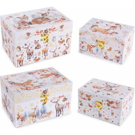 Scatole di Natale in legno rivestito con fantasia renne e animaletti in paesaggio innevato e gancio, set da 2 pezzi, Grande: cm 20 x 14 x 12 H