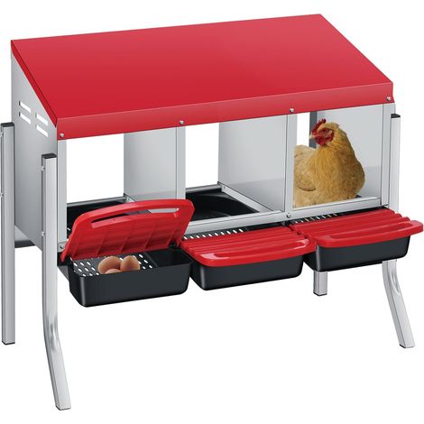 Pondoir Poules Pondeuses 3 Compartiments, Pondoir pour Poules Nichoirs sur pied avec perchoir, antirouille et Triple bac de recyclage des œuf, Rouge (1/4)