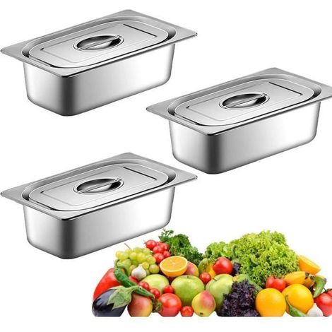 Lot de 3 Bac Inox Alimentaire avec Couvercle,Bac Gastro Inox Plat Maintien au Chaud Plats à Four,Récipients de Conservation au (1/4)
