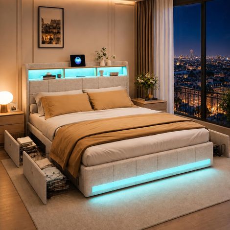 Lit 140x200 avec sommier éclairage LED et Charge USB, Lit Double rembourré avec 4 tiroirs et tête de lit de Rangement,en Lin, Lits 2 Personnes pour Adultes et Adolescents (Beige, 140 x 200 cm) (1/5)