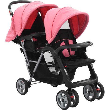 Tandem-Kinderwagen Stahl Rosa und Schwarz vidaXL (1/5)