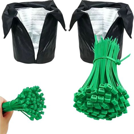 Cache-pots d'hiver (lot de 2) Protection antigel -45 °C avec fermeture éclair pour arbustes, balcons, jardins et terrasses - Noir (avec attaches vertes (3,6 mm de largeur), 100 pièces/paquet) (1/5)