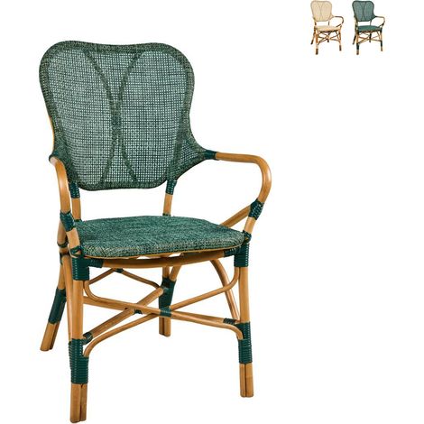 Sedia in rattan e tessuto con braccioli stile vintage Caffe Marly - Verde