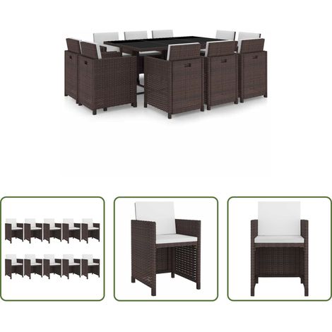 Rattan-Tisch - 11-tlg. Garten-Essgruppe mit Auflagen Poly Rattan Braun (1/5)