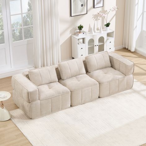 Canapé modulable XL 3 places en tissu, grand canapé droit avec assise épaisse et modules séparables pour salon cosy Beige crème, 271 x 93 x 67 cm (1/5)