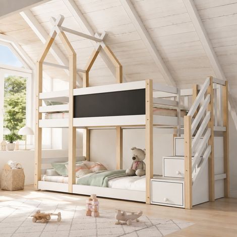 (Etagenbett 90×200, Kinderbett Baumhaus Design inkl.Tafel, mit Speicherung und Rausfallschutz, Hochbett für Kinder– 2x Lattenrost- Natur & Weiß(Ohne Matratze) (1/5)