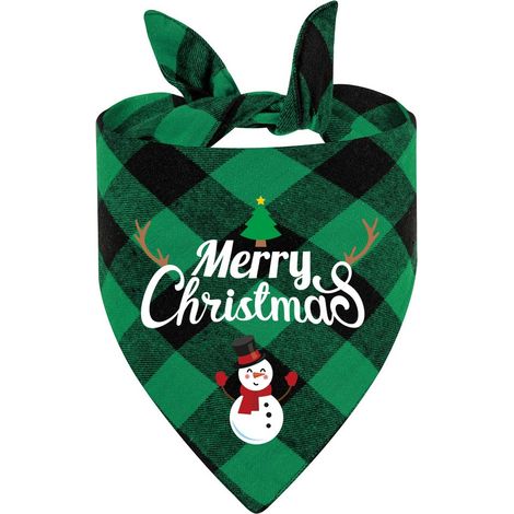 Bandana de Noël pour chien, écharpe en coton à carreaux, motif Père Noël et bonhomme de neige, rouge et noir, tailles S à XL (55 x 38 x 38 cm), bonhomme de neige vert et noir (1/4)