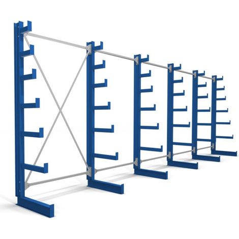 Rayonnage à bras en porte-à-faux STIER, simple, 5 travées avec 6 niveaux décroissants 6500x2000x500 mm, bleu gentiane