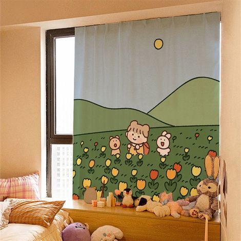 Rideau adhésif à motif dessin animé mignon, fixation par bande auto-agrippante, occultant, idéal pour la chambre à coucher et les sorties printanières. Largeur : 100 cm, hauteur : 150 cm. (1/5)