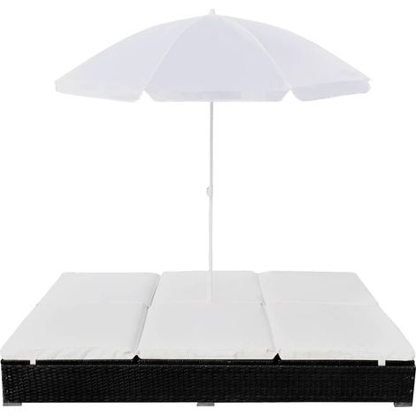 Lettino Prendisole Sdraio con Ombrellone in Polyrattan Nero (1/5)