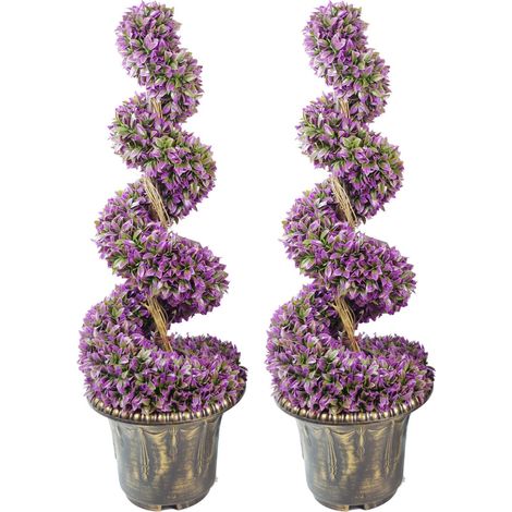 90cm Pair of Purple Large Leaf Spiral Topiary Trees with Decorative Planters (1/5)