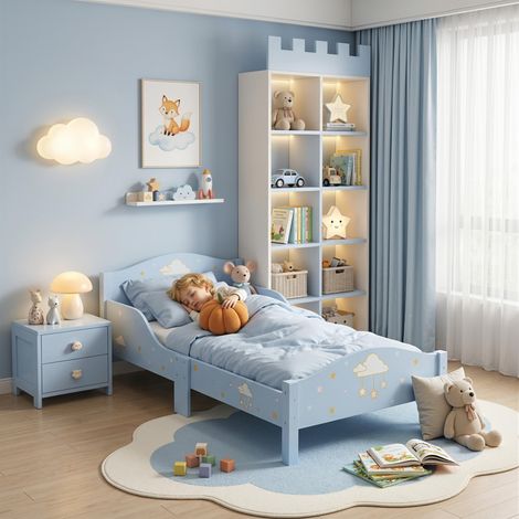 Lit Enfant 70x140 cm, Barrière de Sécurité, Motif Nuage, Sommier Lattes, Bleu (1/5)