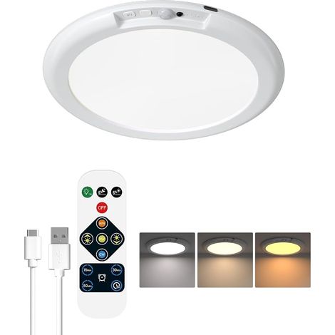 Plafonnier avec Capteur de Mouvement, Plafonnier Rechargeable sans Fil Alimenté par Batterie avec Télécommande, Dimmable, 3 Températures de Couleur pour Chambre à Coucher, Garage, Porche (1/5)