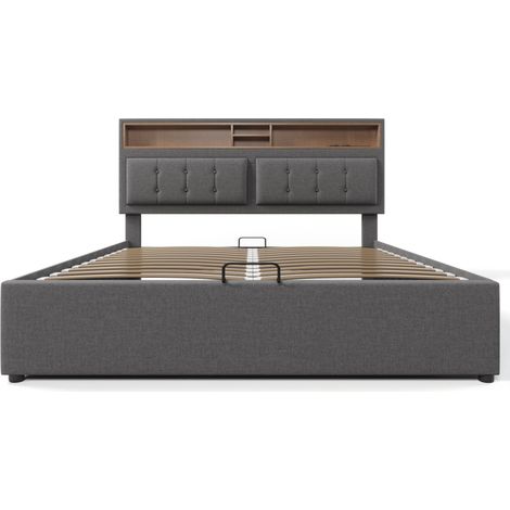 Letto matrimoniale imbottito 140x200 in lino grigio con USB-C, prese e contenitore (1/5)