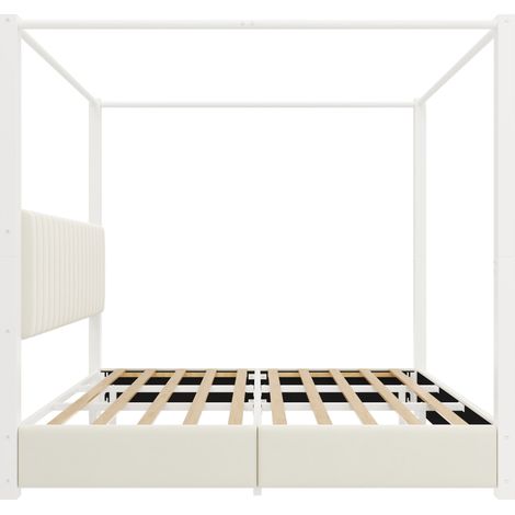 Cama con dosel tapizada 180x200 cm con cabecero y estructura metálica beige y blanca MODENUIT (1/5)