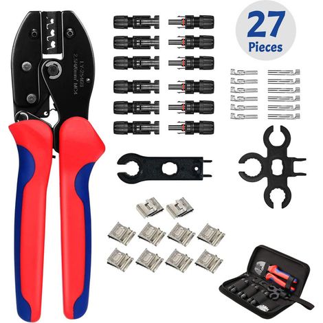 Kit de sertissage pour câbles photovoltaïques de 2,5/4,0/6,0 mm², comprenant : 1 pince à sertir, 10 paires de connecteurs mâles/femelles et 10 câbles solaires. (1/5)