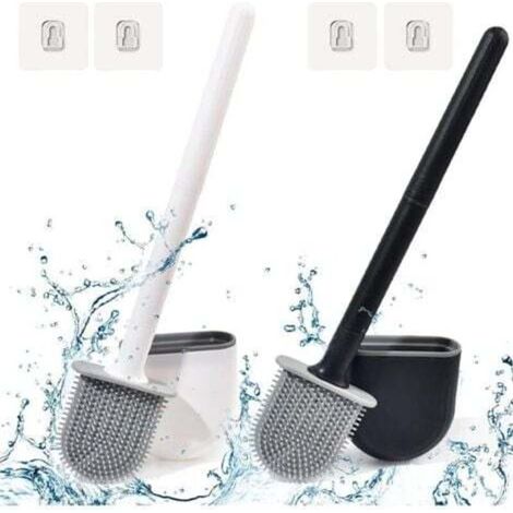 (Schwarz+Weiß, mit Haken) Flache Silikon-Toilettenbürste, 2er-Pack, Wand-Toilettenbürste, WC-Bürste mit langem Griff zum Trocknen im Badezimmer