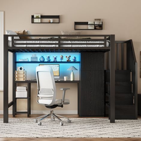 Lit mezzanine 140x200 avec bureau penderie escalier rangement métal MDF noir