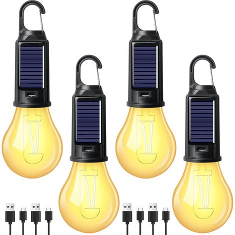 4 Pack Solar Camping Lights Rechargeable with Carabiner, LED Camping Lantern, Camping Light, Camping Light for Emergency, Hiking, Camping (1/5)
