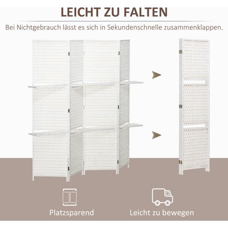 Paravent pliable 4 volets, 181 x 180 cm, avec 2 tablettes, en pin et bambou, pour chambre à coucher, blanc