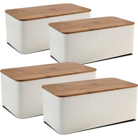 Boîte à pain - JUANIO - 33x18x13 cm (Lot de 4) - Couvercle bambou - Métal blanc - Fond antidérapant (1/5)
