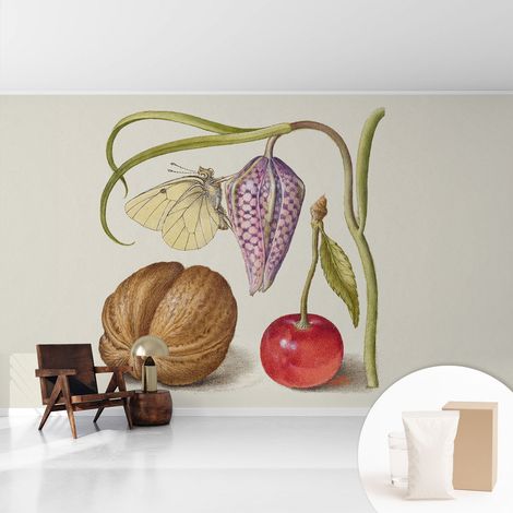 Papier peint décoratif avec colle pour salon, chambre à coucher et bureau – Design moderne et facile à poser Papillon et plantes 416x254 cm (1/5)