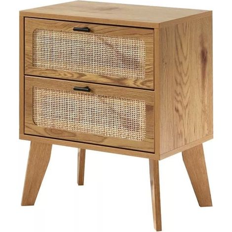 Calicosy – Chevet 2 tiroirs en panneaux de particules décor chêne blond – Façades en rotin avec coulisses à billes – Dimensions L45 x P29 x H56 cm (1/5)