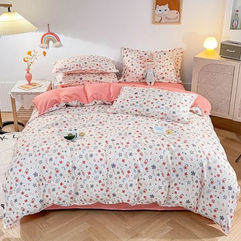 Parure de lit double face motif épaissi coton longue fibre, drap housse 180x220cm, housse de couette 70,9x86,6po, taie d'oreiller, ensemble 4 pièces pour maison, motif 1, drap 1,8m. (1/5)