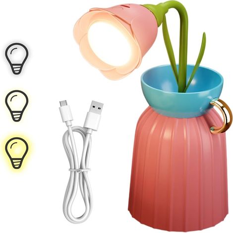 Lampe de bureau LED rose en forme de fleur, lampe de lecture rechargeable 3 couleurs pour la table de chevet et la chambre (1/5)