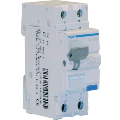 Hager interruttore automatico differenziale modulare 1pn 30ma ac 6a 6ka c 2 moduli adc906h