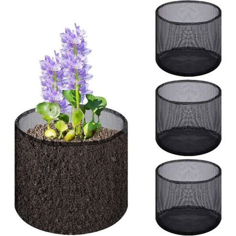 Pflanzsäcke für Wasserteiche, Set mit 4 wiederverwendbaren PVC-Netzpflanzgefäßen, geeignet für Seerosen, Lotusblumen und andere Wasserpflanzen, schwarz (18 cm, rund).