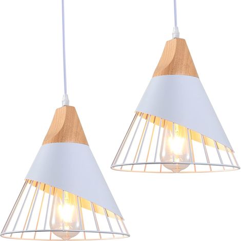 2x Suspension Luminaire Vintage,Bois Métal design Lampe Plafonnier Industrielle en Luminaires Suspension Abat-jour 27 Applique d'Eclairage pour salle à manger Cuisine,Blanc (1/5)