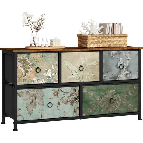 WOLTU 5 Drawer Chest of Drawers Bedroom Storage Furniture, TV Cabinet Stand, Rustic Brown and Black with Retro Flower Pattern