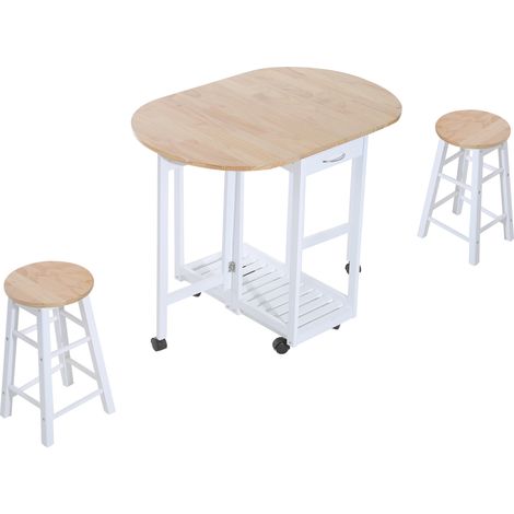 3 Pieces Dining Room Set, Mobile Foldable Dining Table 2 Stools with Storage Shelf, 2 Drawers 6 Wheels, Drop Leaf Bar Table Stools for Home Kitchen Pub, White (1/5)