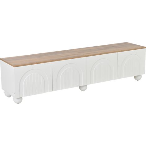 TV Lowboard mit 4 Türen und 2 Fächern, Metallbeine, für Wohnzimmer, aus MDF, Weiß und Eiche, 180×40×45 cm (1/5)