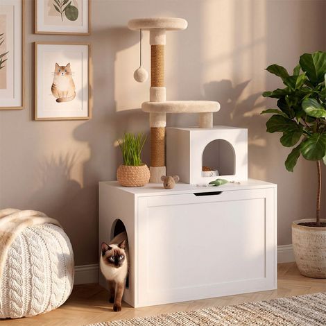 Casita para gatos con rascador, cubeta con dos puertas, caseta y plataforma de madera blanca (1/5)
