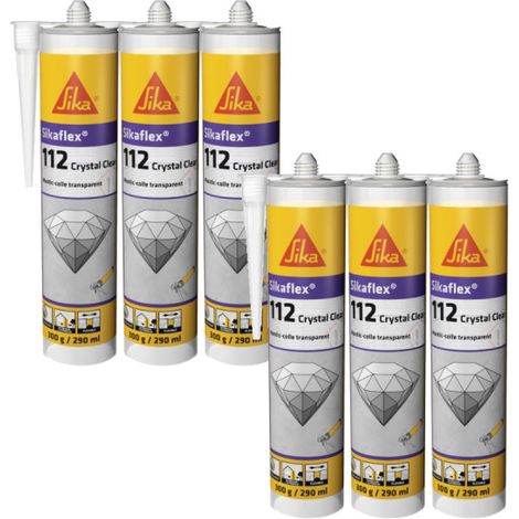 Sika – Lot de 6 colles mastic transparent 290ml – Colle polymère pour béton, bois, verre – Excellente adhérence et résistance intempéries - Sikaflex-112