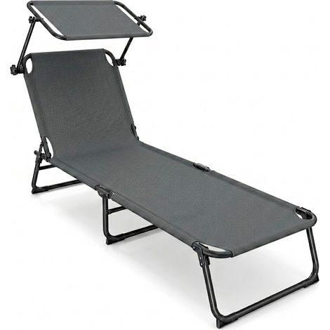 Sedia Sdraio Pieghevole Prendisole Con Tettuccio Regolabile Schienale Reclinabile Struttura In Metallo Nero Per Spiaggia Mare Giardino Piscina 187 x 53 x 24 Cm Grigio Scuro