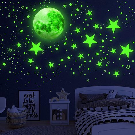 Sticker Mural Phosphorescent - Décoration Lumineuse pour Chambre Enfant - 435 Pièces (1 Lune 20 cm + 27 Étoiles + 407 Pastilles) - PVC Écologique (1/5)