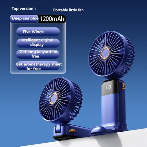 Ventilateur portable – 4200 mAh, 5 vitesses, affichage numérique, 3-en-1 (main, cou, bureau), pliable 180°, ultra silencieux, bleu foncé (1/4)
