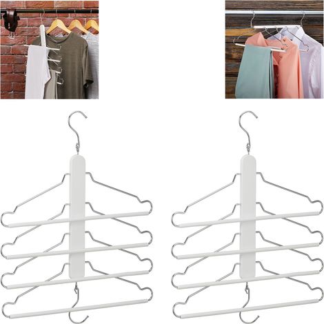 2x Relaxdays Multi Clothes Hanger, Holder with 4 Flexible Coat Hangers, Organiser, Metal Hooks, Lotus Wood, White