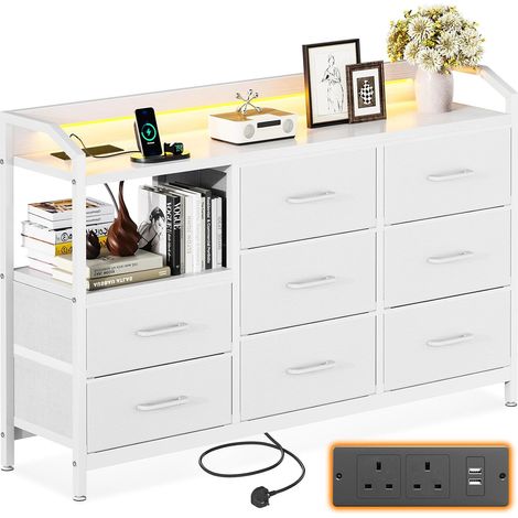 Commode noire pour chambre à coucher, avec lumière LED avec 10 couleurs réglables, 2 ports USB et 2 prises AC, comprend 8 grands tiroirs en tissu, convient pour chambre à coucher, salon, 110 x 30 (1/5)