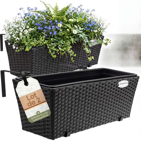 2x Bac à fleurs en polyrotin Jardinière pour balcon Terrasse Fenêtre Jardin Noir (1/8)