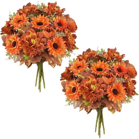 6 Pcs Fleurs Artificielles Orange Decoration Automne Pivoines Chrysanthèmes (1/5)