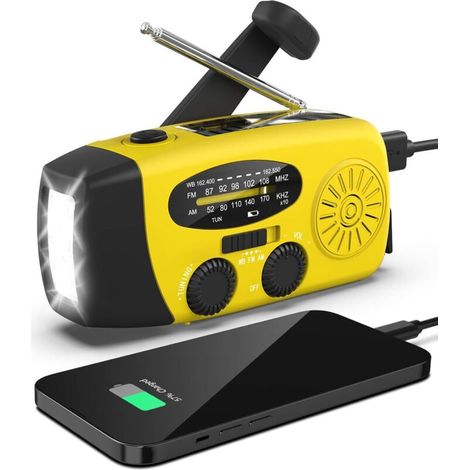 Notfall-Wetterradio mit Solarantrieb, erdbebensicheres Set, Handkurbel, autark, AM/FM/WB, Handkurbel-Überlebensradio, LED-Taschenlampe, 2000 mAh Powerbank für iPhones und Smartphones (gelb)
